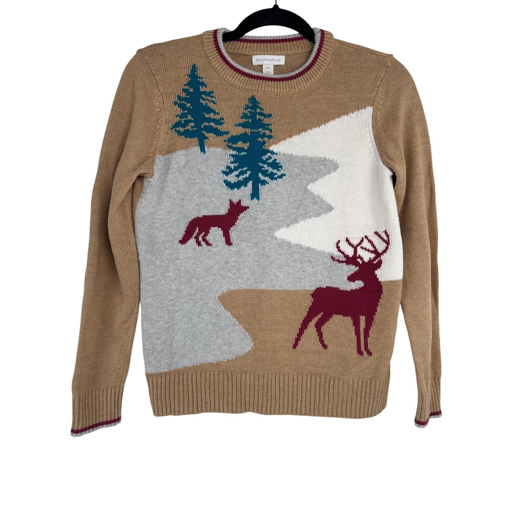 Charter Club Womens PS Tan Sweater Winter Lodge Deer Woodland Forest Holiday